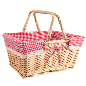 <b>Rectangular</b> Willow Picnic <b>Basket</b> With Red Checkered Liner For <b>Storage</b> And Shopping - Product Image 5