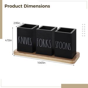 Farmhouse Rectangle Wooden 3-Compartment Cutlery Holder Caddy with Wood Base <b>for</b> <b>Kitchen</b> <b>Storage</b> - Product Image 3