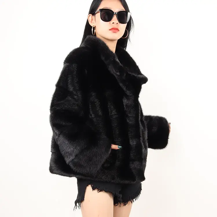 hot style black color stand collar short winter warm mink fur coat for women