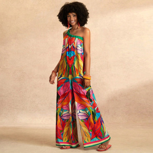 Mono informal bohemio de punto con estampado floral para mujer, sin mangas, asimétrico, largo, holgado, para primavera, verano y playa - Product Image 1