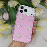 Coque de téléphone 3D avec fleurs en perles, strass et nœuds scintillants pour iPhone X/11/12/13/14/15/16/17 Redmi, antichoc, mignonne et protectrice pour filles