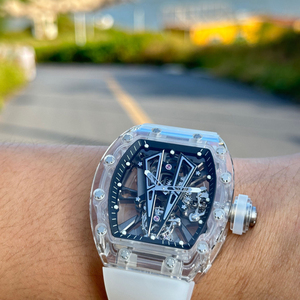 Men's Clear Crystal Skeleton Tourbillon Automatic Mechanical <b>Watch</b>, Tonneau-Shaped White <b>Rubber</b> Sports <b>Watch</b> - Product Image 5