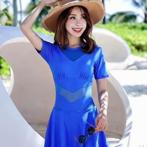 JH9662 Traje de baño de una pieza para mujer, cuello redondo, color sólido, para natación, deportes acuáticos, diseño conservador para adultos - Product Image 3