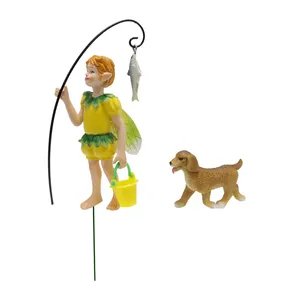 Ga Vissen Hars Jongen Mini Staak Met Hond Bloempot Paal Miniatuur Tuin