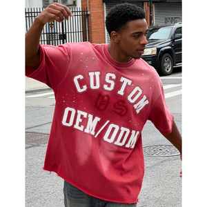 Camiseta de hombre de algodón 100% con apliques bordados, efecto desgastado, estampado personalizado OEM, corte oversize, hombros caídos, estilo streetwear. - Product Image 3