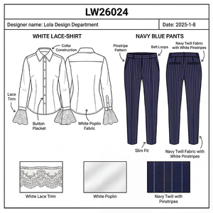 Completo da Ufficio da Donna OEM ODM 2 Pezzi: Camicia Bianca con Polsini in <span class=keywords><strong>Pizzo</strong></span> e Pantaloni Blu Navy a Righe Sottili - Abbigliamento da Lavoro Business Casual - Product Image 6