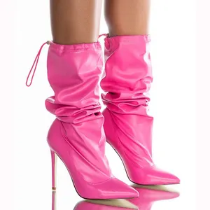 China Fashionable Pink Ladies High Heels Ankle Boots Block Heel Dress Calf Boots for Women