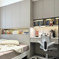 Ensemble de chambre à coucher d'hôtel de luxe moderne et minimaliste, lit tatami en bois sur mesure, bureau de rangement en tissu avec 5+ tiroirs pour appartements
