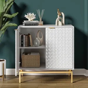 <span class=keywords><strong>Buffet</strong></span> de salon de style moderne du milieu du siècle, armoire haute en <span class=keywords><strong>bois</strong></span> avec base en métal, portes décoratives à motifs en relief - Product Image 3