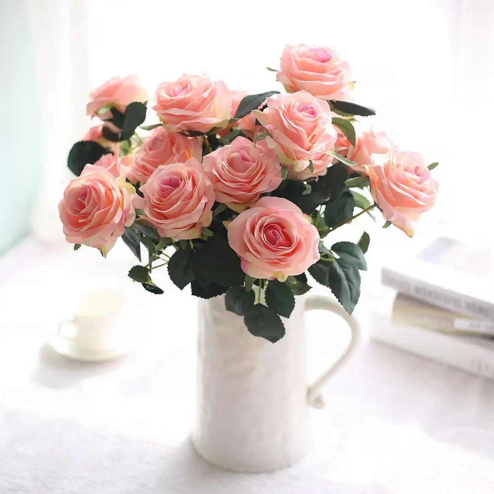 Flores de imitación para decoración del hogar, 10 rosas, ramo de plantas para comercio exterior