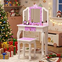 Table de toilette et de maquillage pour enfants, pliable en trois parties, en bois, avec miroir, tiroirs et tabouret, pour chambre à coucher