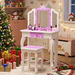 Table de toilette et de maquillage pour enfants, pliable en trois parties, en bois, avec miroir, tiroirs et tabouret, pour chambre <span class=keywords><strong>à</strong></span> coucher - Product Image 5