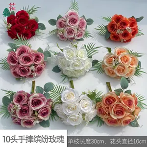 10手カラフルなバラ結婚式の風景の装飾シルクの花花嫁はいくつかの人工バラを運ぶ