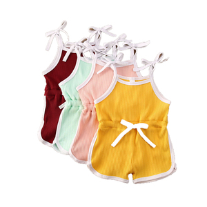Nouvelle conception Combinaisons mignonnes en coton côtelé pour bébés filles, barboteuses une pièce unies avec nœuds, vêtements pour enfants - Product Image 1