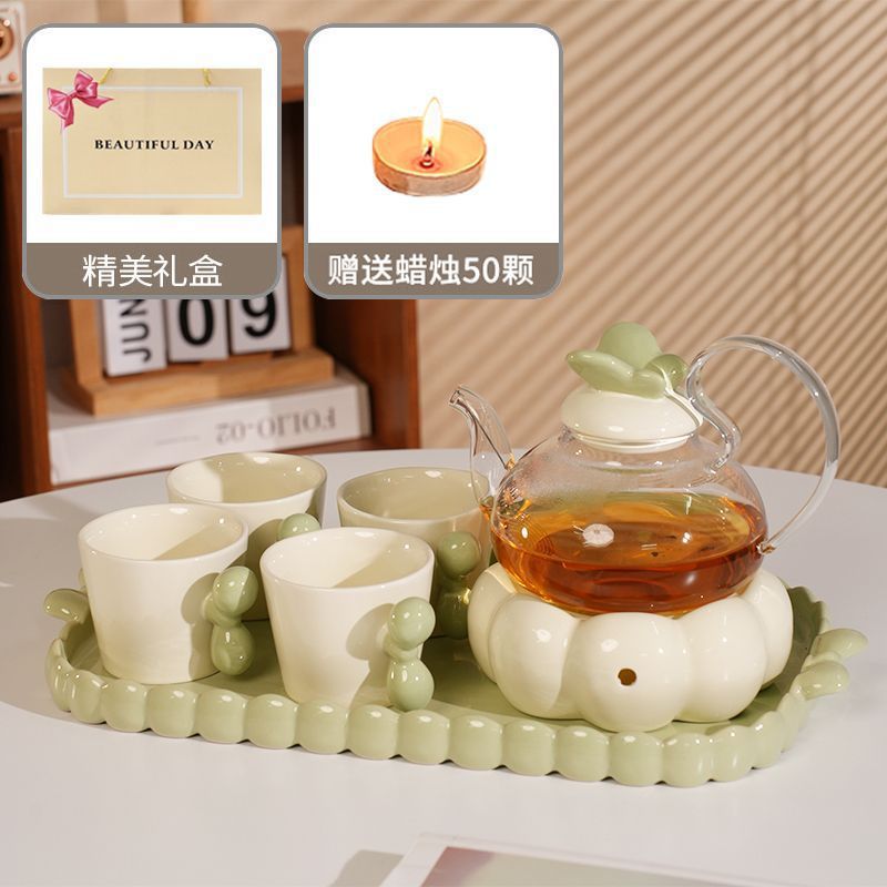 Ensemble théière fleur papillon 50 bougies offert - coffret cadeau - vert lait