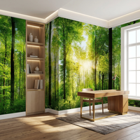 Papier peint mural Forêt Verte Ensoleillée, Paysage Naturel avec Arbres et Lumière du Soleil pour Salon, Chambre à Coucher, Décoration Murale Intérieure