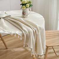 Nappe ronde en polyester et lin de couleur unie avec pompons, élégante pour la maison, la salle à manger, les événements, vente directe d'usine