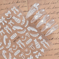 Autocollants 3D en relief pour ongles, motif nœud en dentelle blanche, jupe à volants à la française, perles décoratives, vente en gros