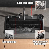 Évier de cuisine moderne fait main en acier inoxydable à cuve unique, à poser sur comptoir, à deux trous, pour usage hôtelier, noir, avec fonction cascade intelligente et compatible lave-vaisselle