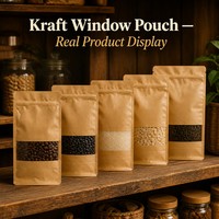 Pochette Kraft à fond plat avec fenêtre, refermable à fermeture éclair, sac doypack pour grains de café, thé, noix, emballage personnalisé