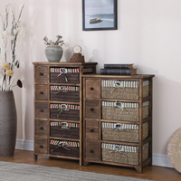 Panana — meuble de chevet en bois blanc, armoire avec 5 tiroirs, panier de rangement en osier, vente en gros