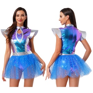 Costume Alien Spatial Métallique pour Femme, Combinaison Bodysuit avec Jupe Tutu, Épaulettes, Découpe en Goutte d'Eau, Iridescent, pour Spectacles de Scène, Tenue de Danse Personnalisée - Product Image 2