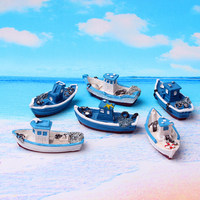 Modèle de bateau de pêche miniature en résine méditerranéenne exquise, bleu et blanc, ornement de bateau nautique, micro-paysage, décoration d'aquarium, décoration de la maison
