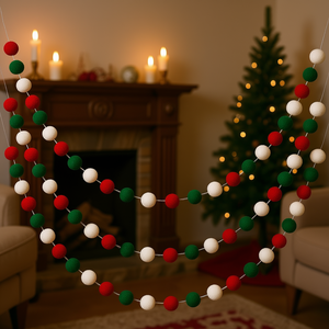 Guirlande de Noël d'intérieur mignonne avec pompons, ornements en feutre rouge, vert et blanc, décoration murale suspendue, style traditionnel, lot de 3 - Product Image 2