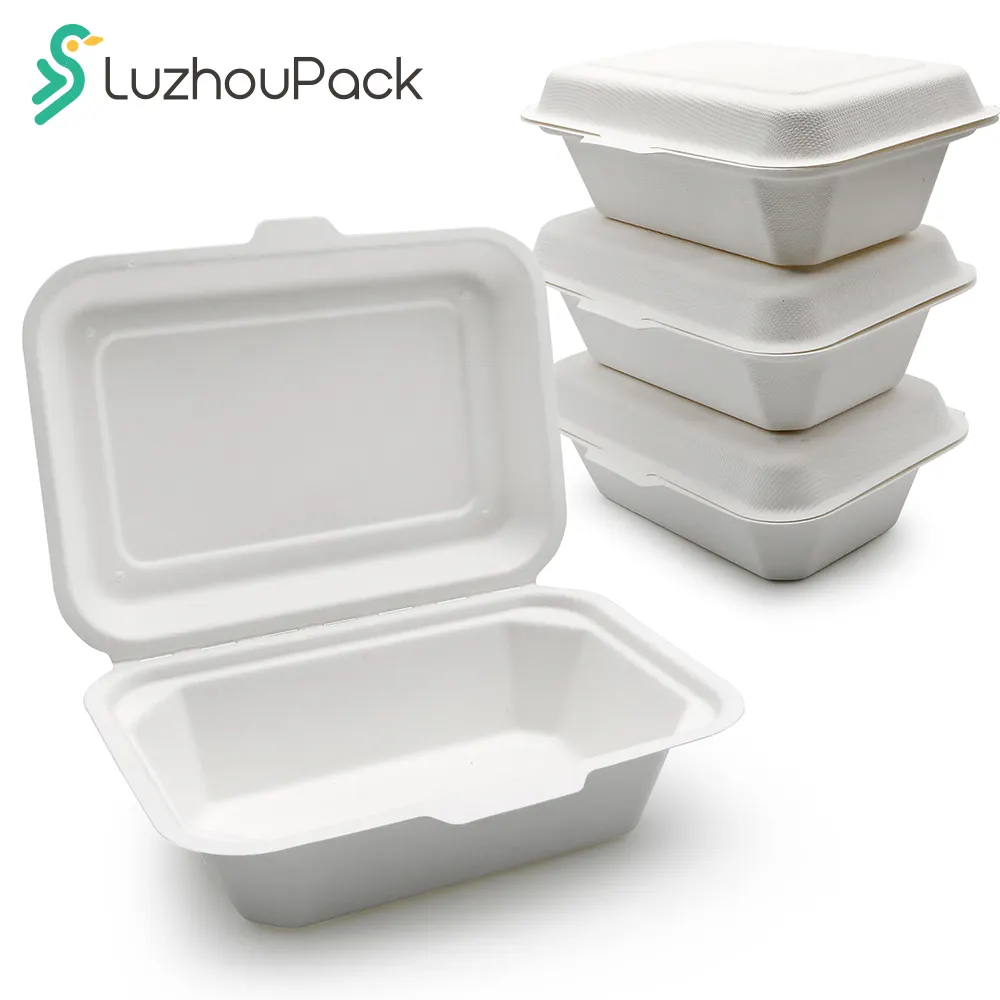 LuzhouPack 600ml Sanduíche Biodegradável Bagaço Greaseproof Togo Container Take Away Papel Embalagem Alimentos Bento Lunch Box