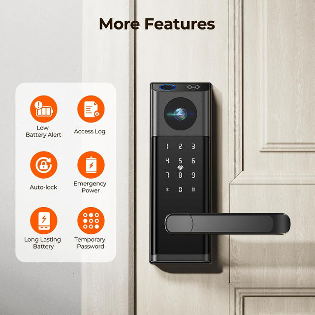 2026 Single Latch Fingerprint Wood Door Lock Doorbell Two-way Audio Tuya Smart Door Lock with Camera and Fingerprint Airbnb Use