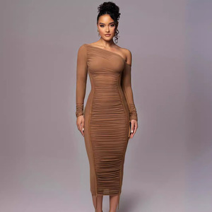 Vestido midi de manga larga con hombros asimétricos y malla de <span class=keywords><strong>patchwork</strong></span> <span class=keywords><strong>para</strong></span> mujer, vestido plisado de moda <span class=keywords><strong>para</strong></span> servicios de agente de compras femeninos - Product Image 3