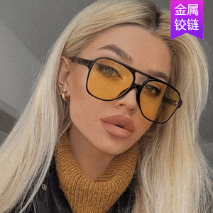 Oversized Aviator Sunglasses <b>Black</b> <b>Frame</b> Pc Material Uv400 Protection Fashionable Style For Women - Product Image 2