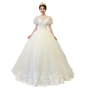 2022 New Arrival French Style Sweetheart Puffy short Sleeve O-Neck Fashion Plus Size Wedding Dress Bride Gown