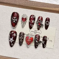 Faux ongles gothiques à presser faits à la main, rouges, style western, en amande, ensemble de faux ongles