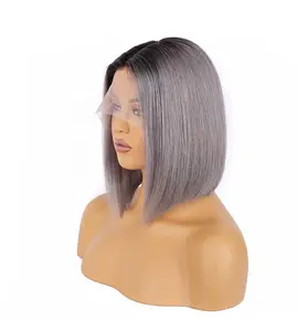 Peluca de cabello humano con encaje frontal transparente para mujeres negras, pelo corto Bob, ombré, color gris, 13x4 T, venta al por mayor