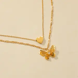Collier personnalisé double couche amour en or véritable Collier creux en acier inoxydable avec pendentif papillon en forme de cœur