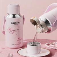Botol Air Vakum Stainless Steel 316 Desain Bunga Pink, Terisolasi, Cantik, Portabel, dengan Gagang, untuk Wanita