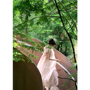 Vestido Bodycon de Estilo Chino con Cuello Halter, Largo hasta el Suelo, Hombros Descubiertos, Rosa, Sin Espalda, Sin Mangas, con Capa Transparente de Malla, Tallas Grandes para Mujer - Product Image 4