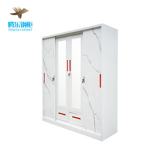 Armoire en acier moderne à 4 portes avec éclairage LED, grande armoire en acier avec 2 tiroirs et <span class=keywords><strong>porte</strong></span> en verre pour chambre à coucher - Product Image 5