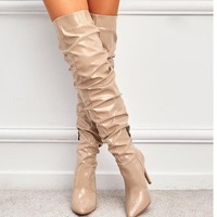 Bottes stretch au-dessus du genou en stock, nouvelle collection hiver 2020, style européen et américain, bout pointu, en cuir verni noir, tige haute