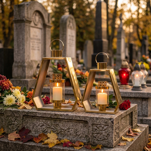 Ensemble de lanternes dorées géométriques modernes, vente en gros, porte-bougie cylindrique en verre, lanterne moderne pour cimetière commémoratif - Product Image 1