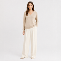 Pull en maille fine beige pour femme, manches longues, col rond, marque privée, vente en gros