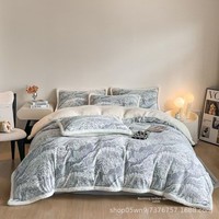 Literie moderne double face en velours de lait Ensemble de quatre pièces Motif solide Doublure en polaire chaude Housse de couette sculptée en polyester pour la maison