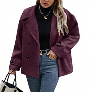 Manteau court en laine pour femme, col à revers, double boutonnage, couleur unie, manches longues, chaud, décontracté, pour l'automne - Product Image 1