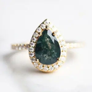 S925 Silver Polished Dark Natural Green Moss Agate Faceted Crystal Stones Meaning Women Ring For Sale