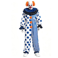 Gruseliges Clown-Kostüm für Herren, blau gepunkteter, gestreifter Overall mit Rüschenkragen, orangefarbene Pompons für Erwachsene, Cosplay-Party