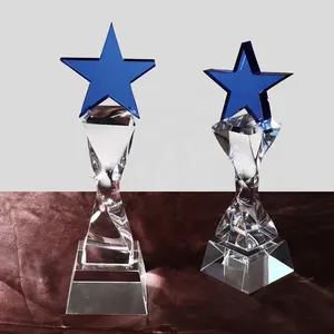 Troféus de vidro personalizados, troféus e medalhas de cristal azul da estrela da gravura MH-J033