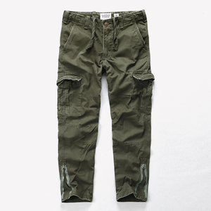 Pantalones Cargo de algodón 100% para hombre, <span class=keywords><strong>verde</strong></span> oliva, cintura alta, tela tejida holgada, rectos, oscuros, múltiples bolsillos, cremalleras en el tobillo, informales - Product Image 1