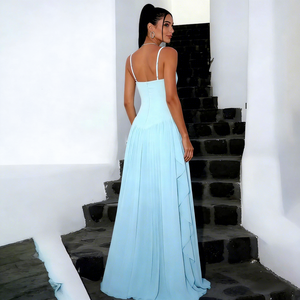 Robe de soirée longue à volants pour <span class=keywords><strong>femme</strong></span>, élégante, sans manches, dos nu, col en V, taille haute, nouvelle collection pour les fêtes - Product Image 2