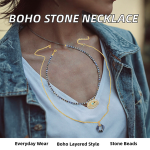 Collar de Cuentas de Piedra Natural Estilo Bohemio con Colgante de Luna en Capas para Mujer, Uso Diario, LO MEJOR - Product Image 2